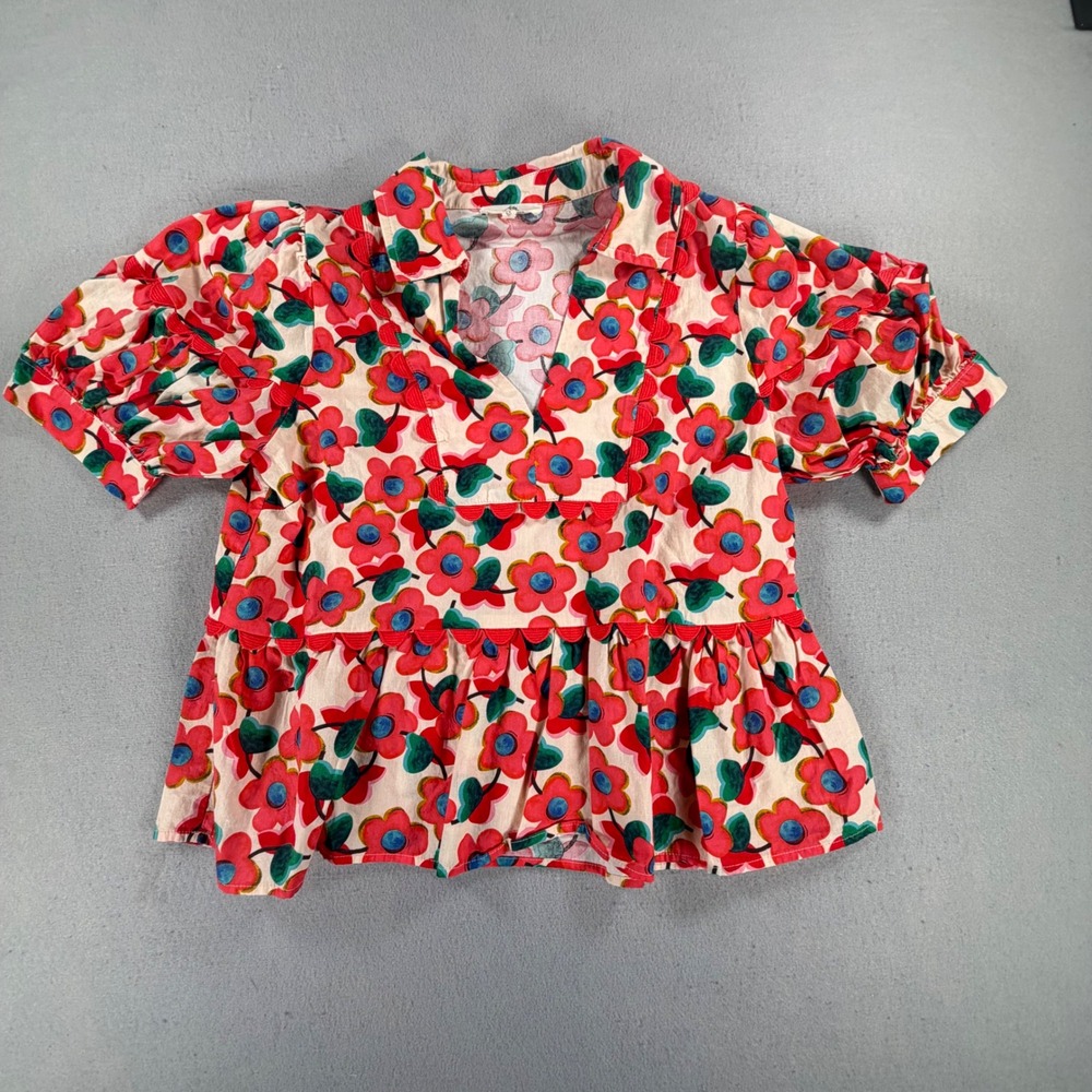 Women's M Floral Peplum Blouse Puff Sleeve Collared Button Front Cottagecore Top